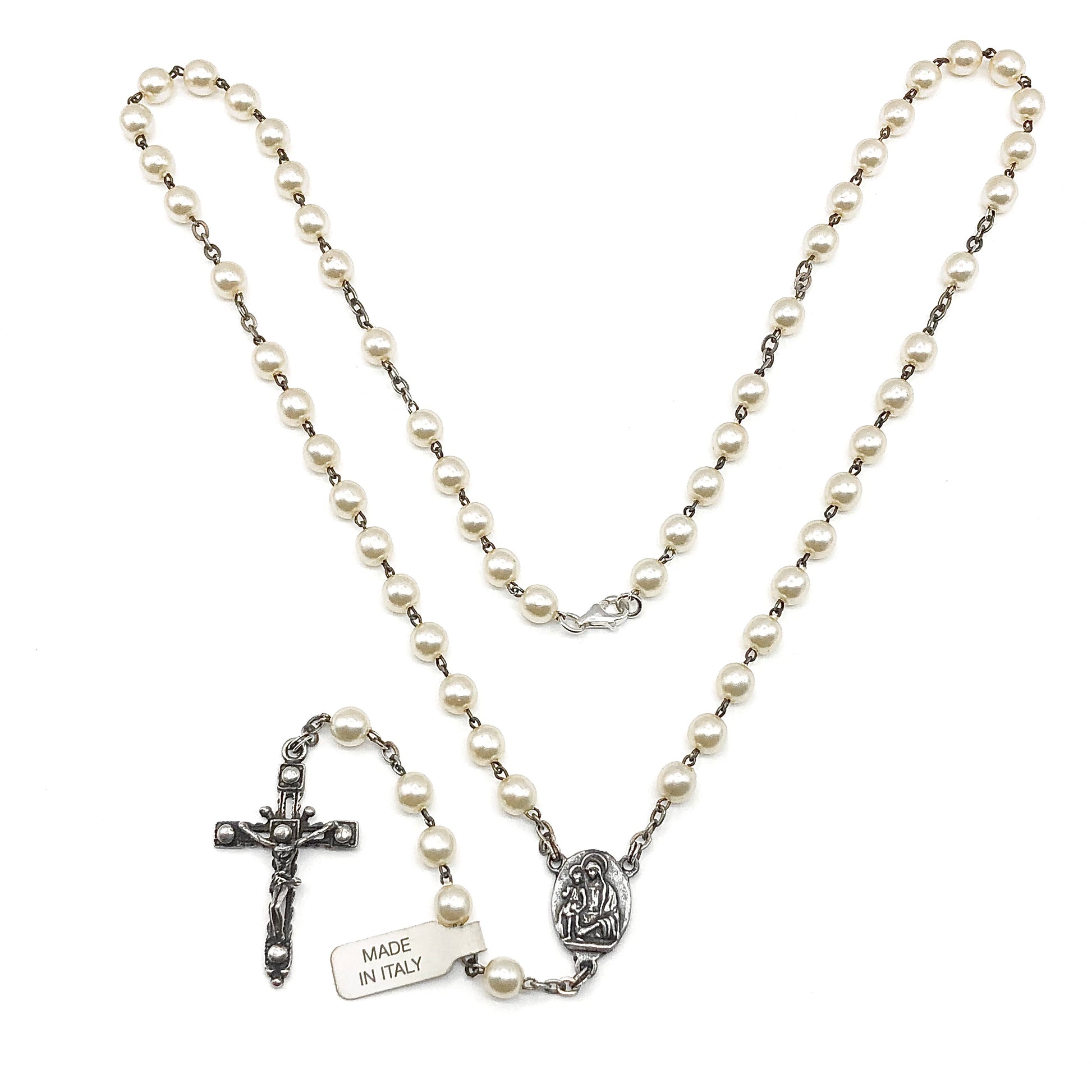 23in Sterling Silver Necklace, White Pearl Style Rosary Beads Crucifix Cross Pendant