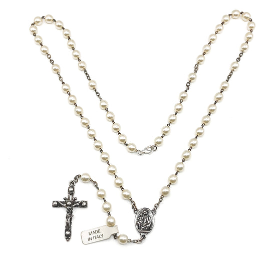 23in Sterling Silver Necklace, White Pearl Style Rosary Beads Crucifix Cross Pendant