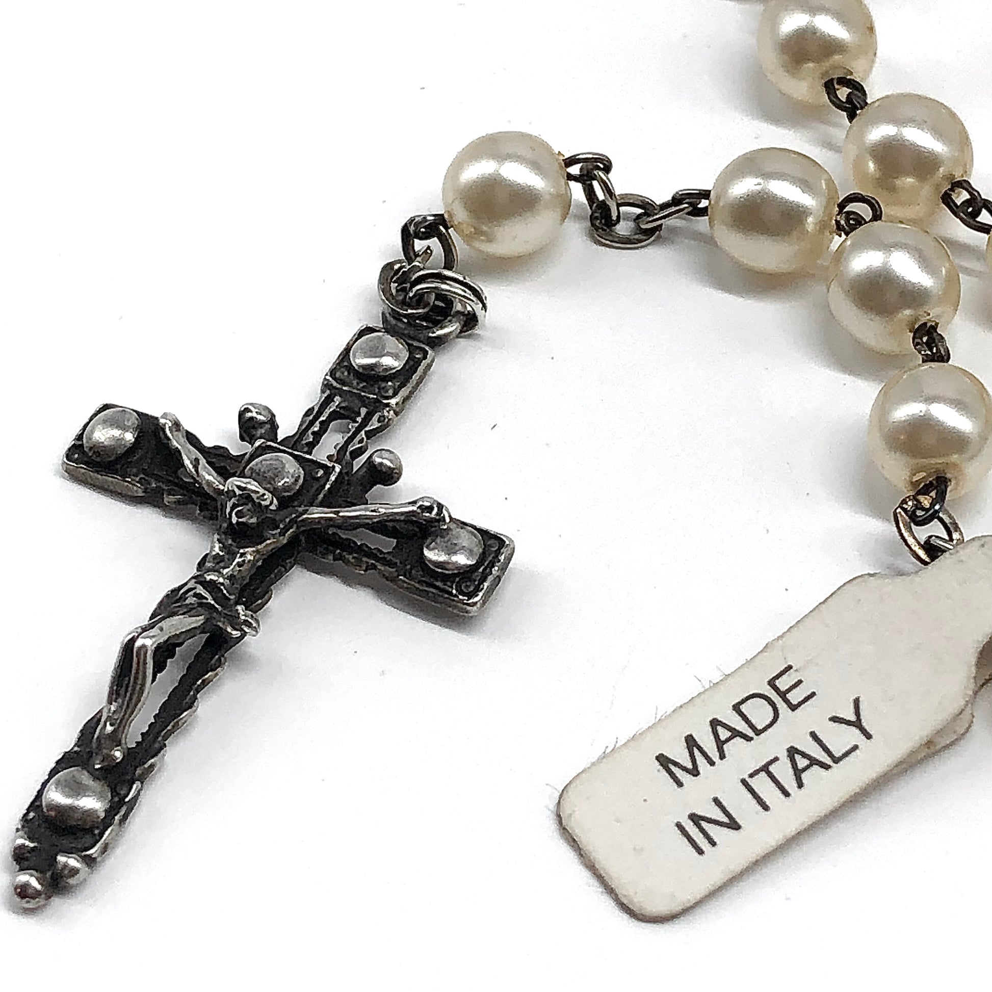 23in Sterling Silver Necklace, White Pearl Style Rosary Beads Crucifix Cross Pendant