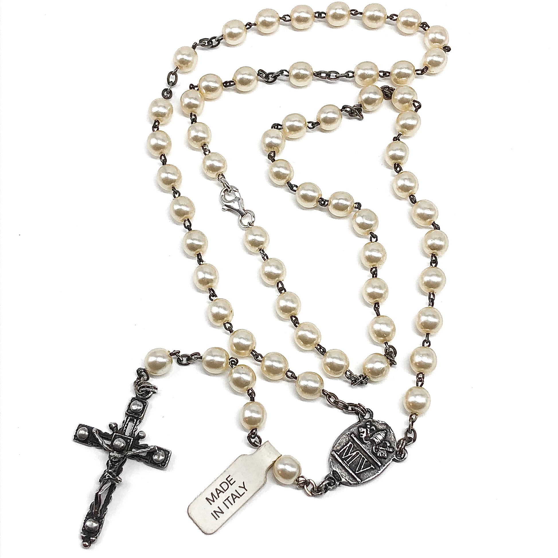 23in Sterling Silver Necklace, White Pearl Style Rosary Beads Crucifix Cross Pendant