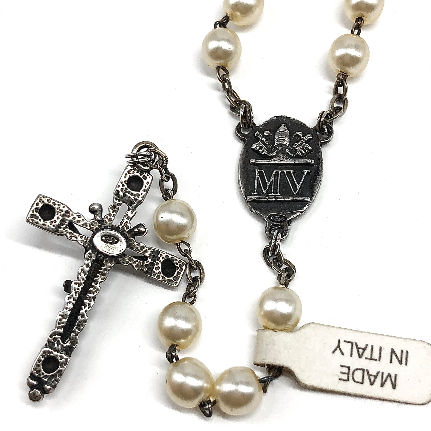 23 inch Sterling Silver White Rosary Bead Style Crucifix Cross Necklace