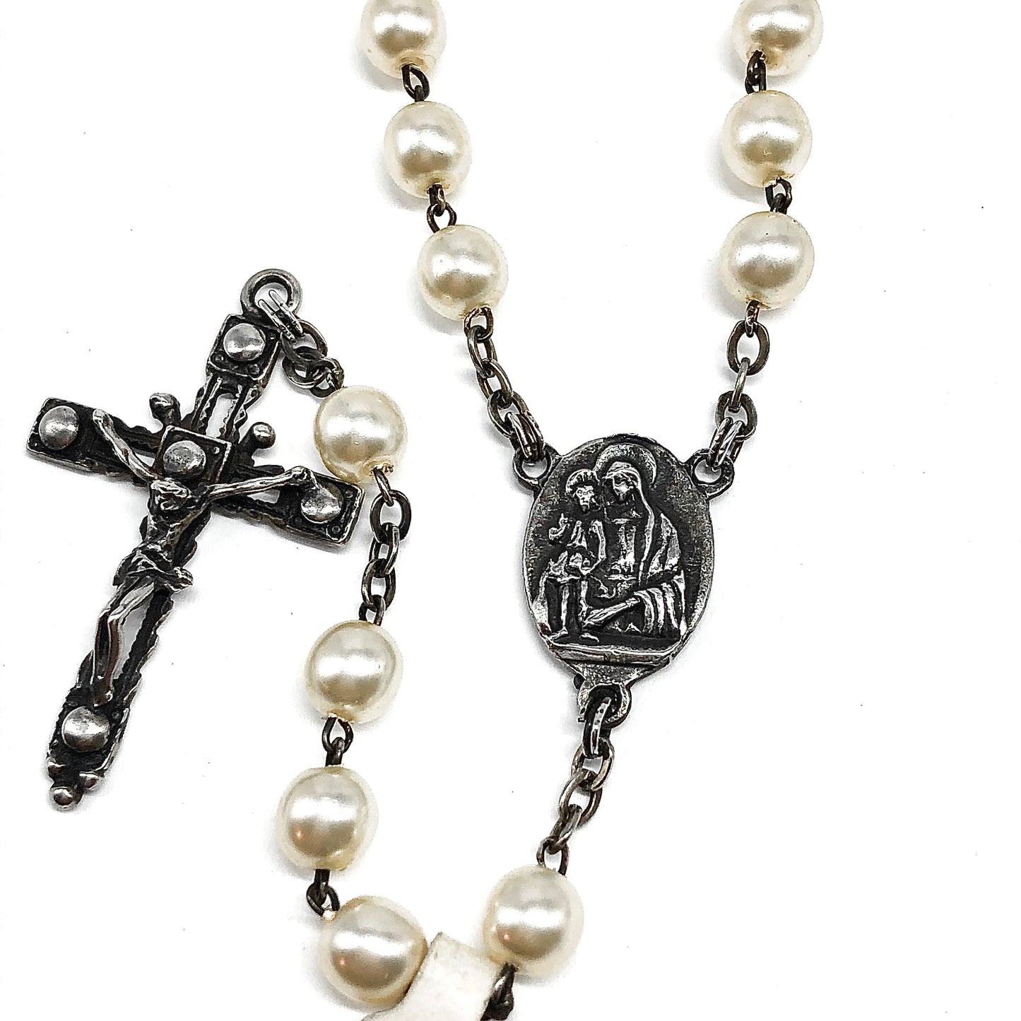 23 inch Sterling Silver White Rosary Bead Style Crucifix Cross Necklace