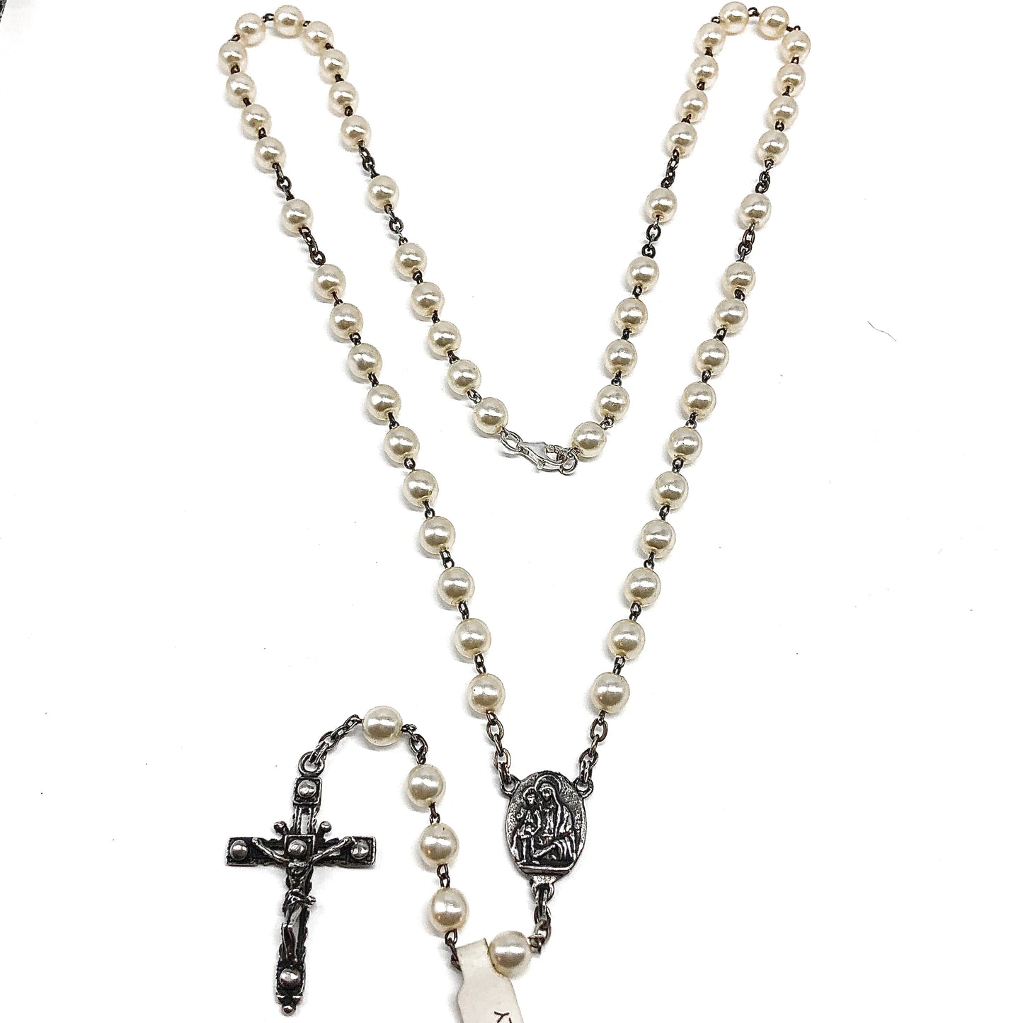 23in Sterling Silver Necklace, White Pearl Style Rosary Bead Cross Pendant