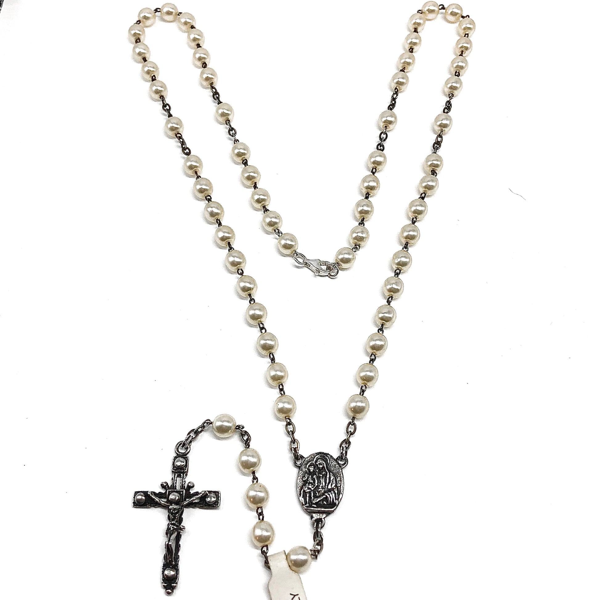 23in Sterling Silver Necklace, White Pearl Style Rosary Bead Cross Pendant