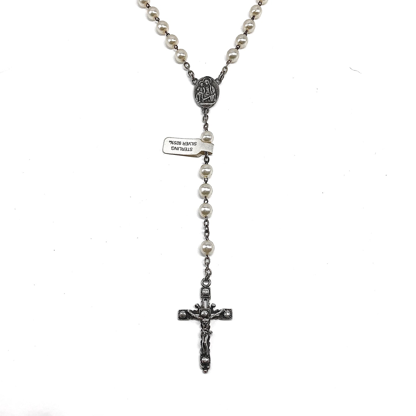23in Sterling Silver Necklace, White Pearl Style Rosary Beads Crucifix Cross Pendant