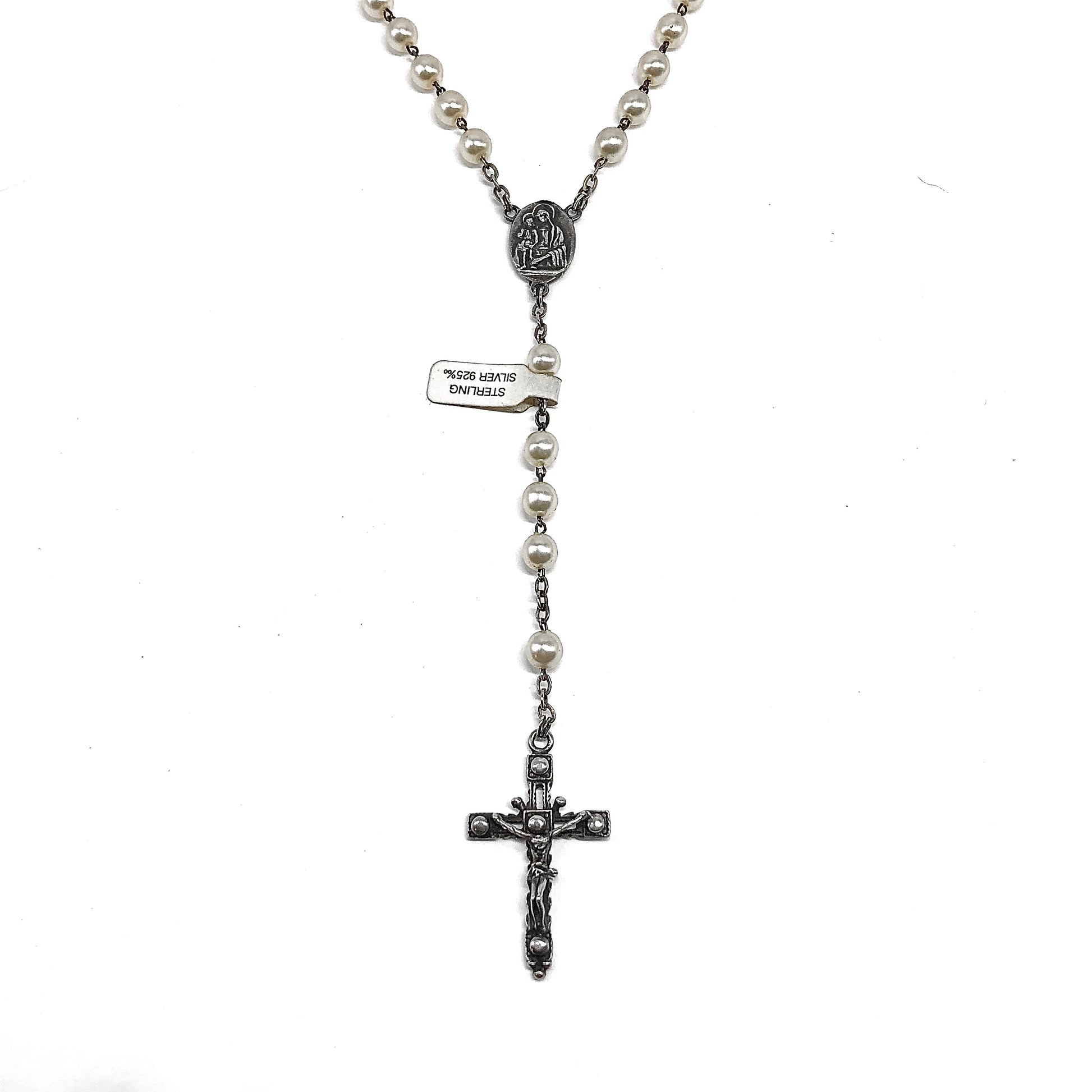 23in Sterling Silver Necklace, White Pearl Style Rosary Beads Crucifix Cross Pendant