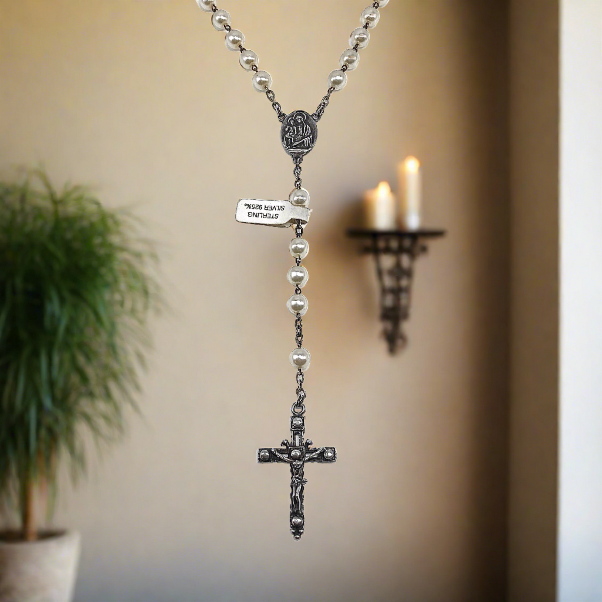 23in Sterling Silver Necklace, White Pearl Style Rosary Beads Crucifix Cross Pendant