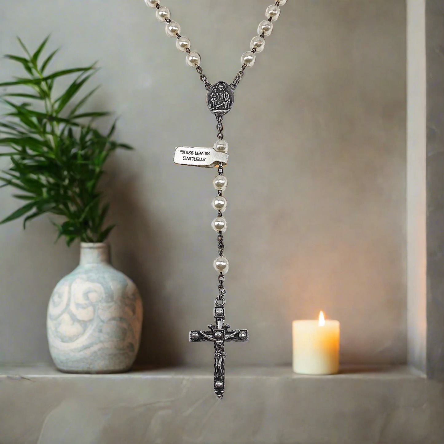 23 inch Sterling Silver White Rosary Bead Style Crucifix Cross Necklace