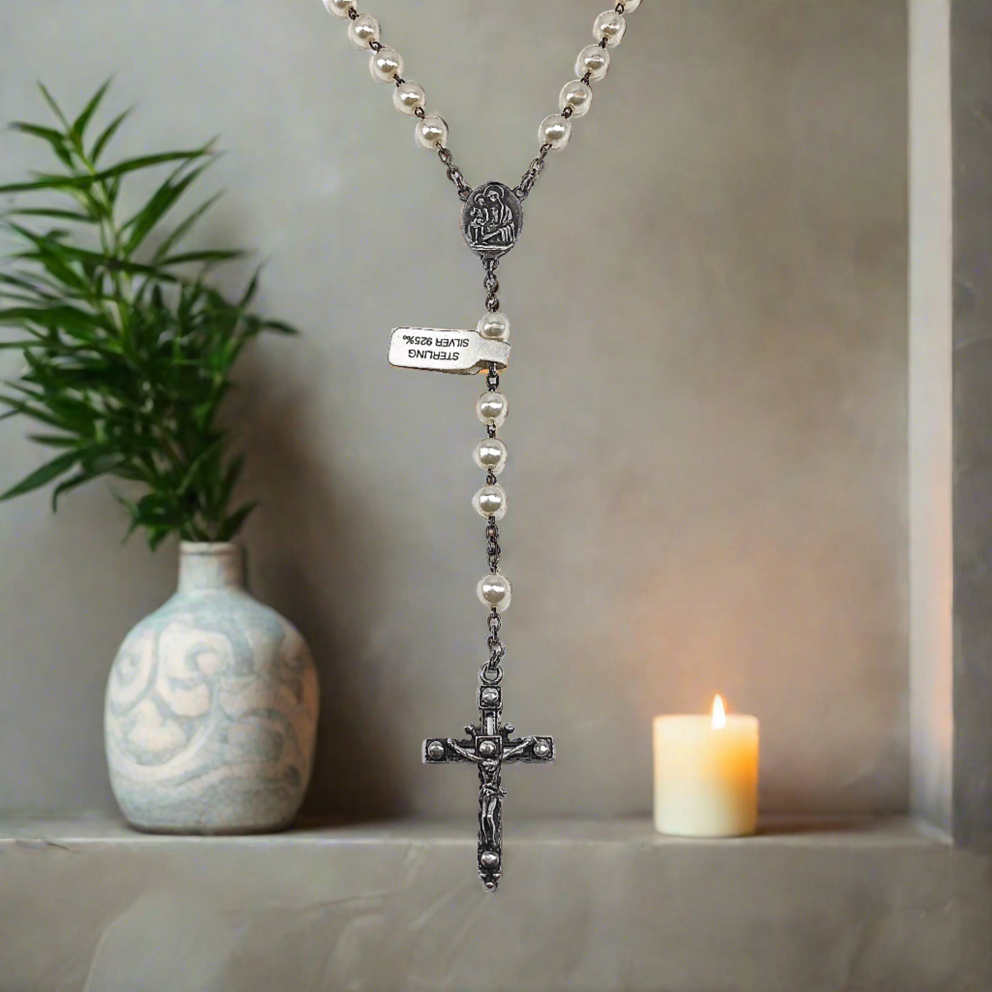 23in Sterling Silver Necklace, White Pearl Style Rosary Beads Crucifix Cross Pendant
