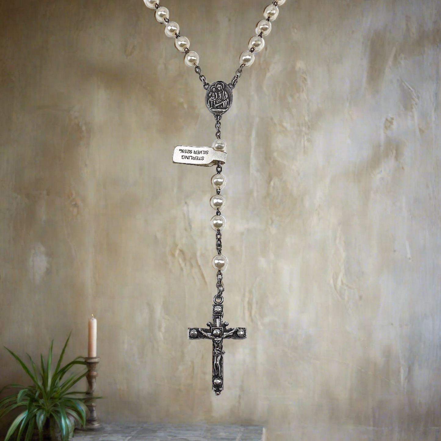 23in Sterling Silver Necklace, White Pearl Style Rosary Beads Cross Pendant
