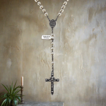 23 inch Sterling Silver White Rosary Bead Style Crucifix Cross Necklace