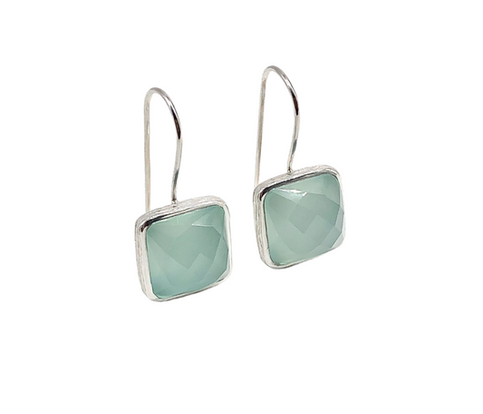 Womens Sterling Silver Earrings - Rose cut Chalcedony Stone Square Drop Earrings