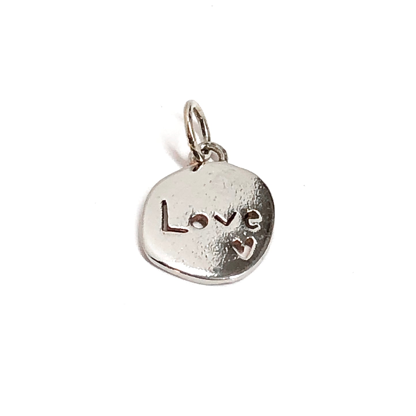 Round Sterling Silver Charm, Cute Childlike Cut-out LOVE Design Sterling Silver Tag Pendant