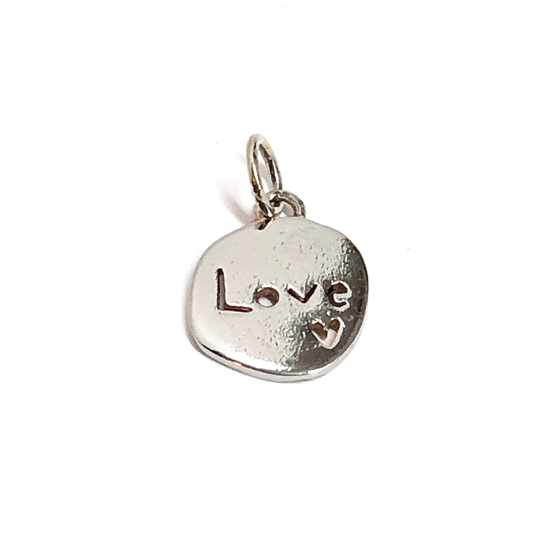 Round Sterling Silver Charm, Cute Childlike Cut-out LOVE Design Sterling Silver Tag Pendant
