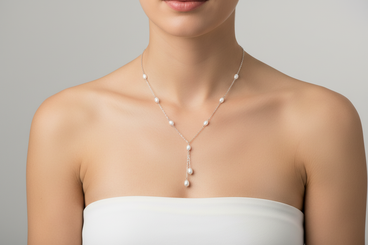 Sterling Silver Pearl Station Necklace on a model against a neutral background