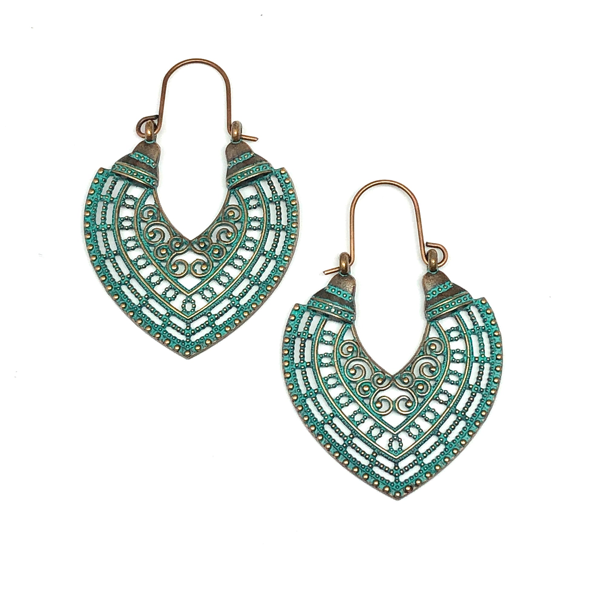 Hoop Earrings Womens Side Profile Chevron Design Vintage Turquoise Verdigris | Boho Style