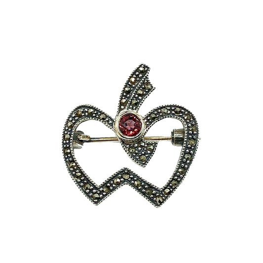 Sterling Silver Brooch, Mens Womens Apple Design, Red Garnet Marcasite Stone Brooch / Lapel Pin