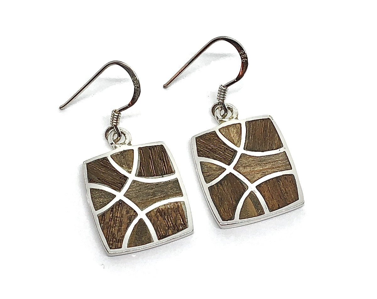 Dangle Earrings | Womens Chic Hawaiian Style Sterling Silver Earrings with Bamboo Inlay