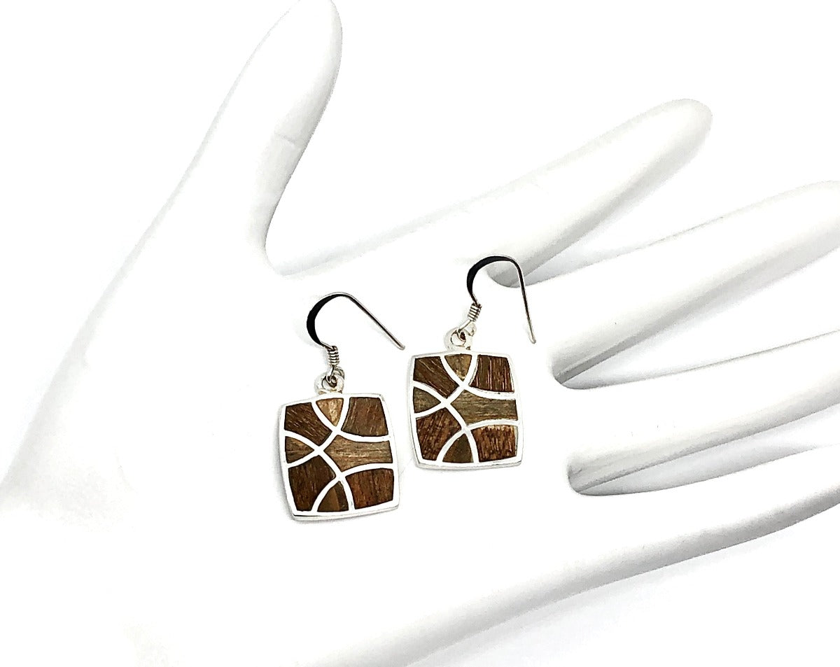 Dangle Earrings | Womens Chic Hawaiian Style Sterling Silver Earrings with Bamboo Inlay