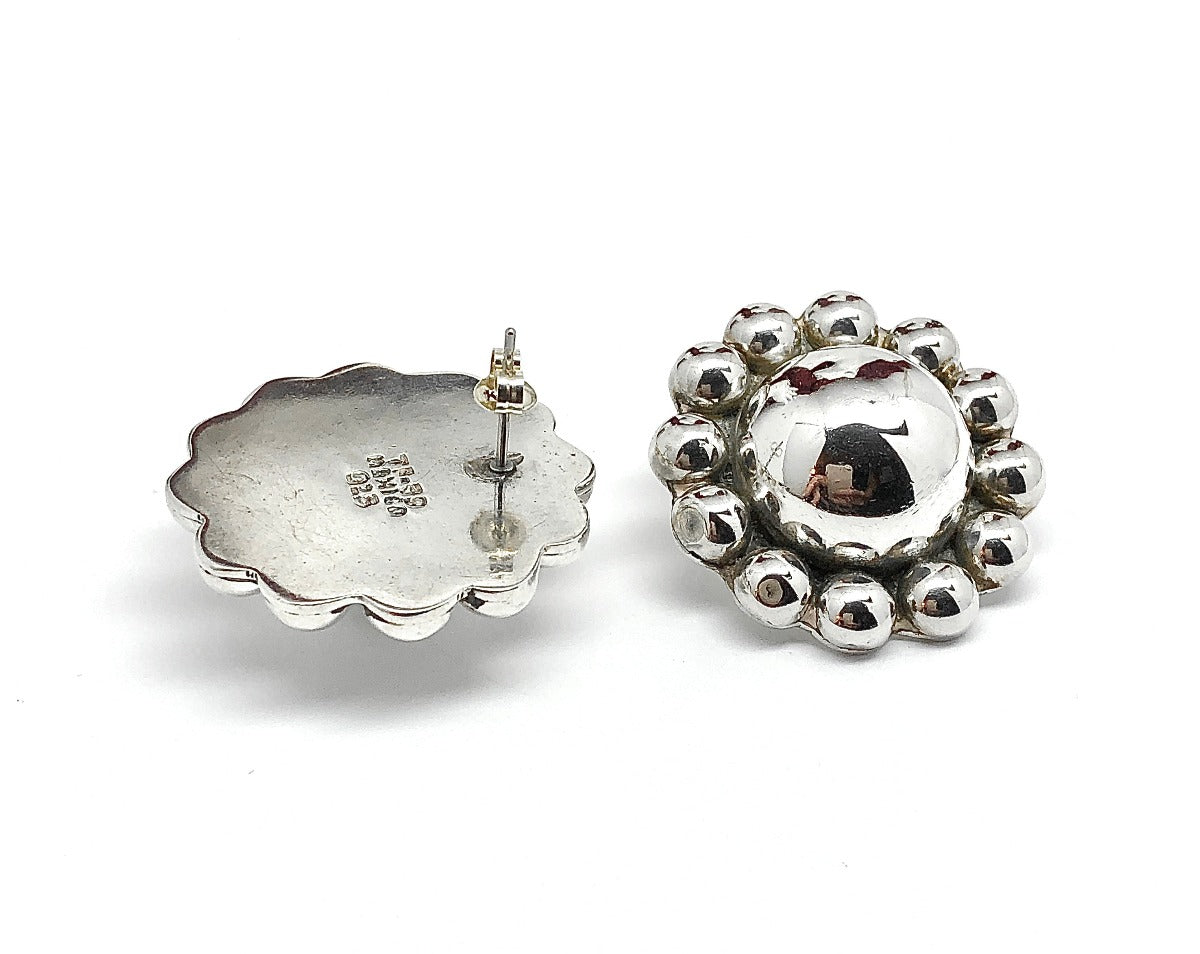 Earrings Womens | 1 3/16in Big Bead Ball Sunflower Sterling Silver Stud Earrings