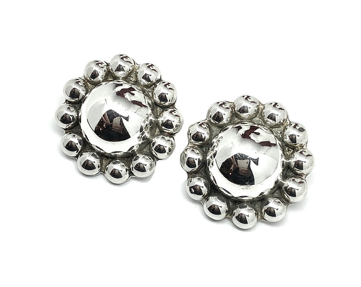 Chunky Earrings | 1 3/16in Big Bead Ball Sunflower Sterling Silver Stud Earrings | Vintage Mexican Taxco Jewelry TF-39