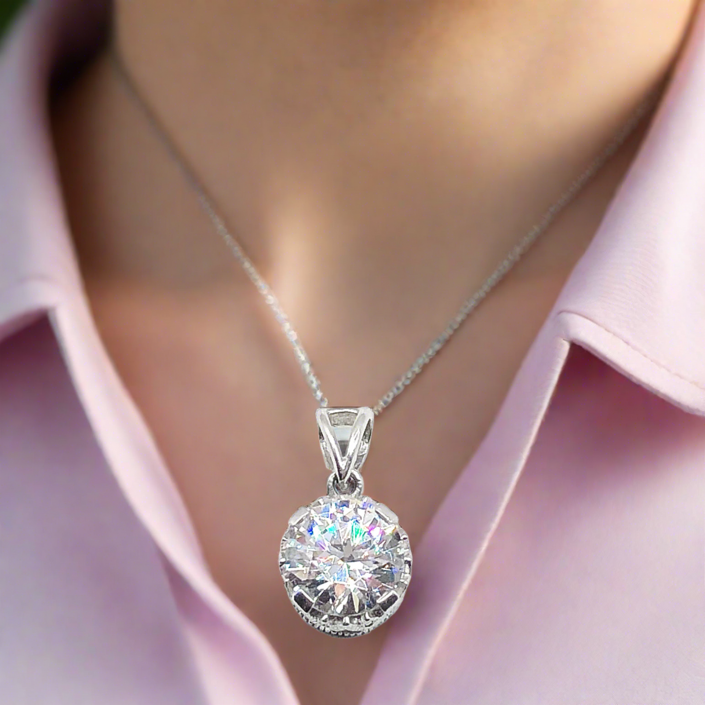 White Cubic Zirconia Crown Style Sterling Silver Solitaire Pendant