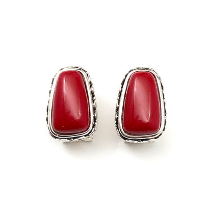 Stylish Bali Design Lipstick Red Stone Silver Drop Earrings