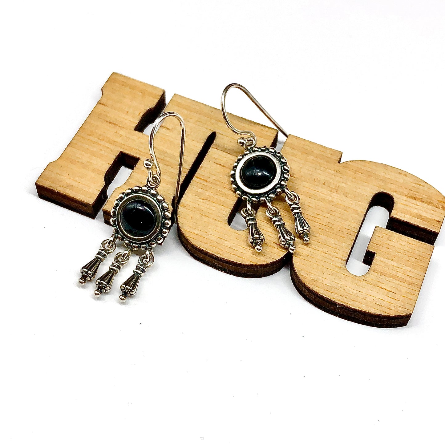 Silver Earrings for Women | Boho Style Tassel Earrings, Fancy Black Stone Sterling Silver Chandelier Earrings, Discount 925 Silver Jewelry online