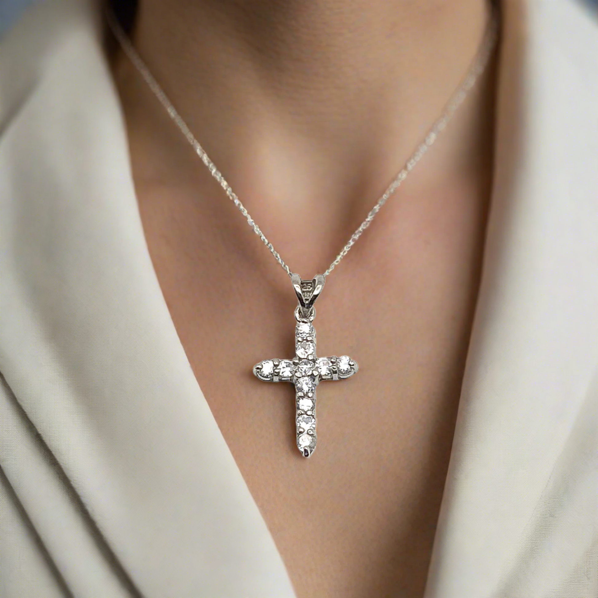 Cross Pendant Silver, Sparkling White Cubic Zirconia Stone Sterling Silver Cross Pendant - Estate Religious Jewelry