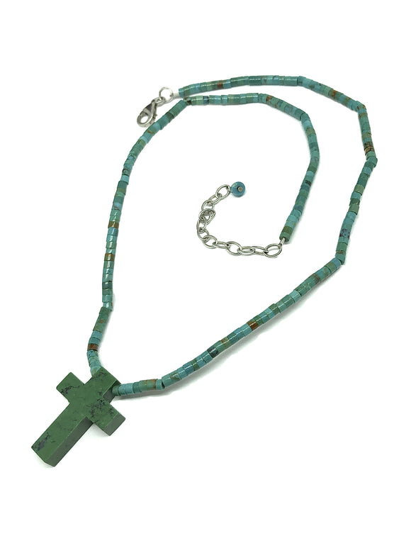 Faith Jewelry used - Sterling Silver Turquoise Tube Bead Block Cross Necklace 