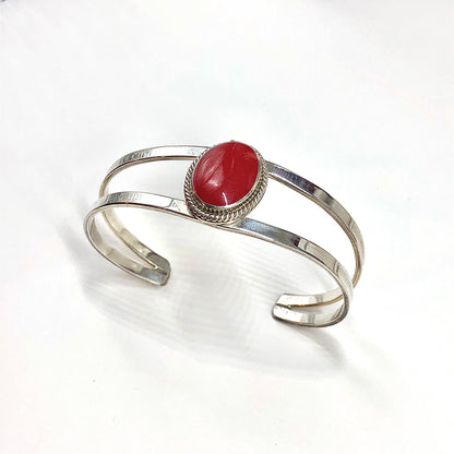 Mexico Made Jewelry - Deep Primary Red Stone Sterling Silver Cuff Bracelet