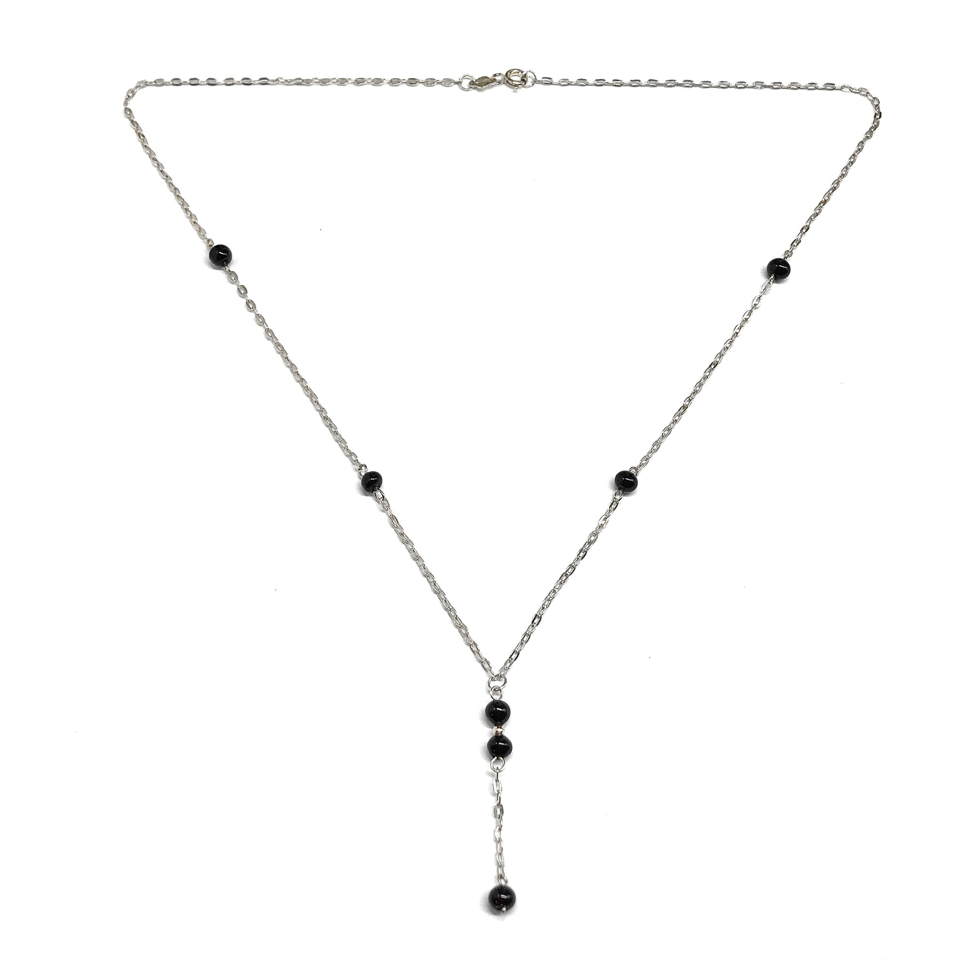 Sterling Silver Y chain Necklace, 18.25" - Foxy Jet Black Small Beaded Station Negligee Necklace
