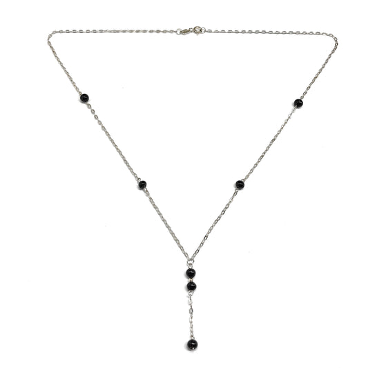 Sterling Silver Y chain Necklace, 18.25" - Foxy Jet Black Small Beaded Station Negligee Necklace