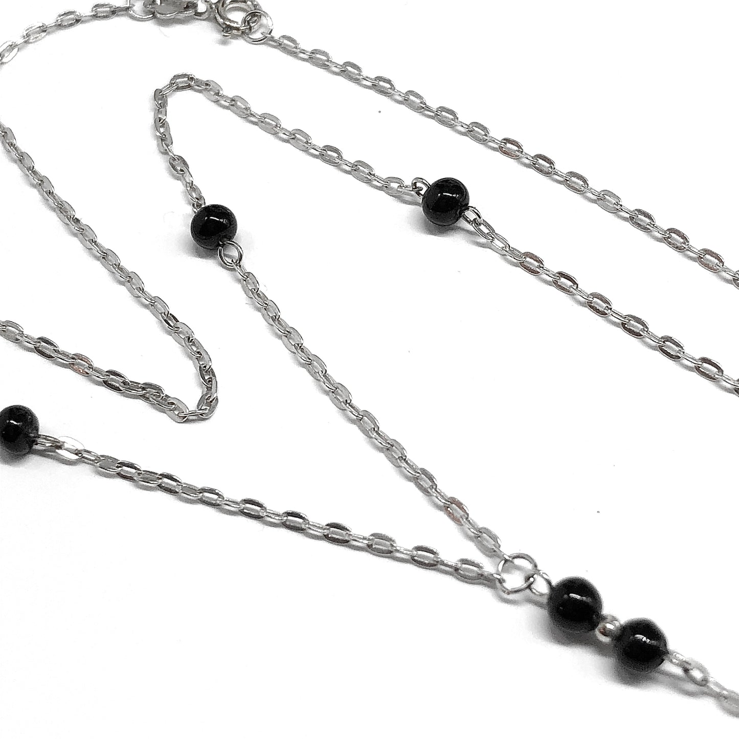 Sterling Silver Y chain Necklace, 18" - Foxy Jet Black Small Beaded Station Negligee Necklace