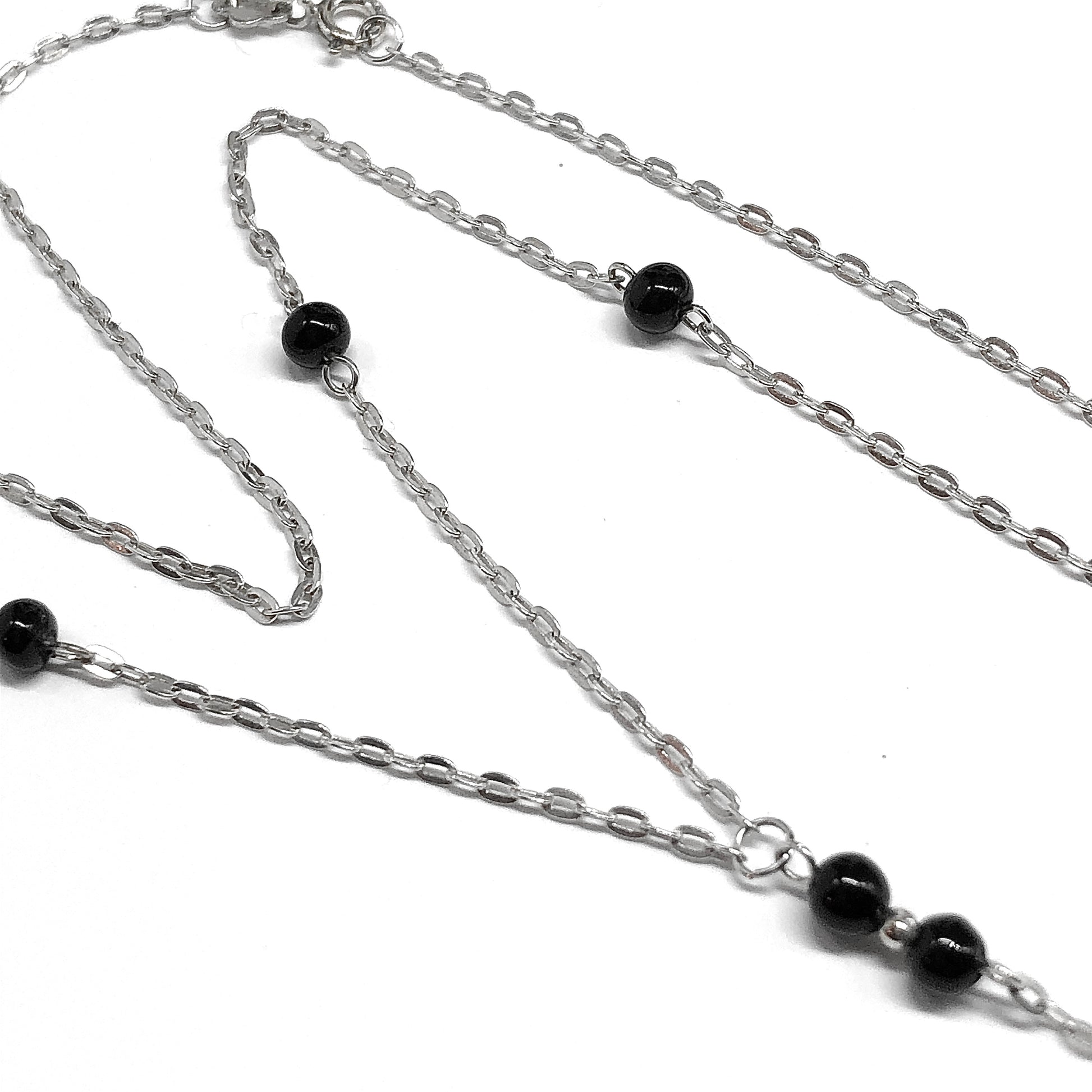 Sterling Silver Y chain Necklace, 18" - Foxy Jet Black Small Beaded Station Negligee Necklace