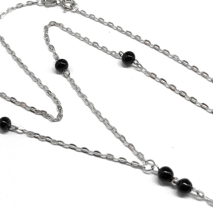 Sterling Silver Y chain Necklace, 18" - Foxy Jet Black Small Beaded Station Negligee Necklace
