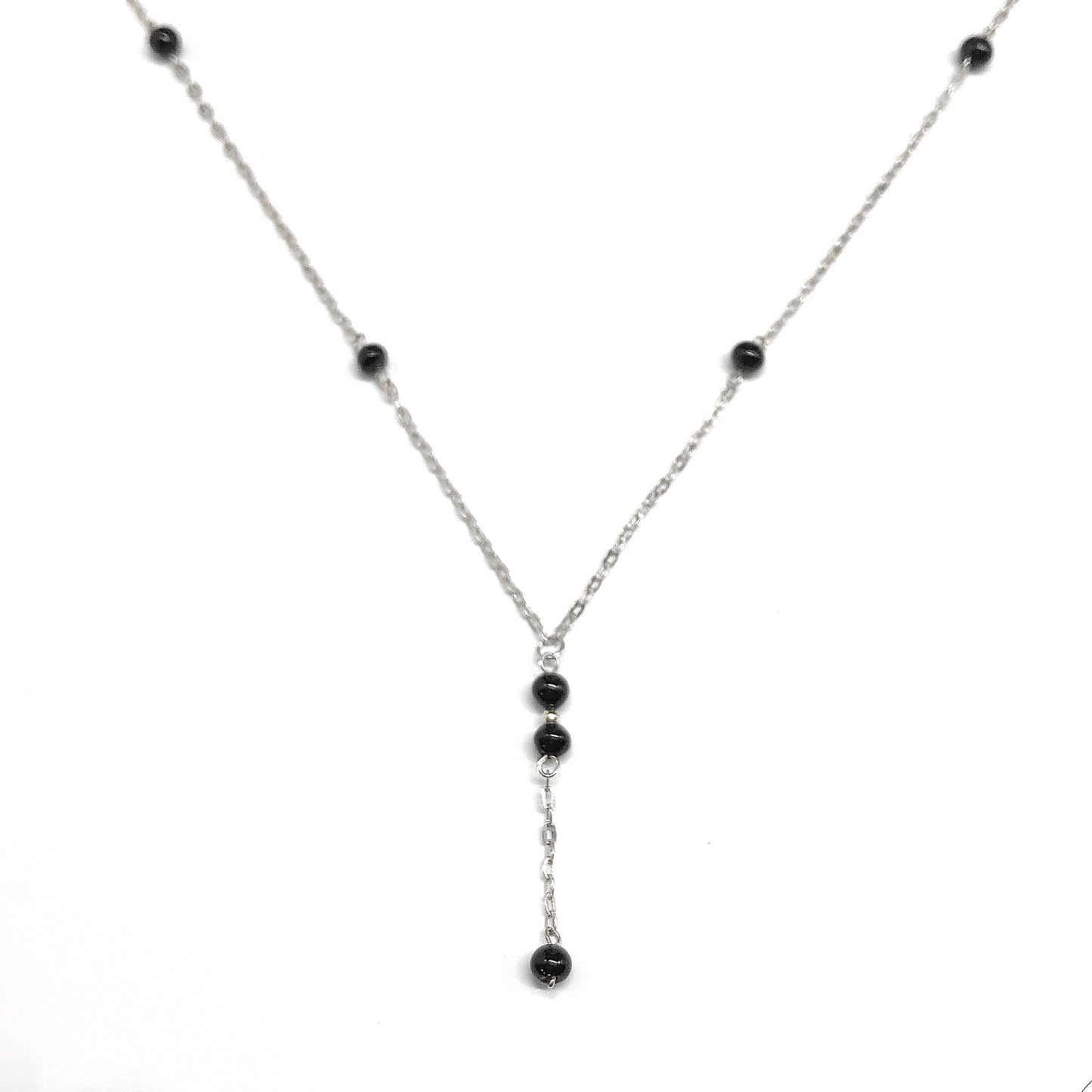 Sterling Silver Y chain Necklace, 18.25" - Foxy Jet Black Small Beaded Station Necklace