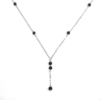 Sterling Silver Y chain Necklace, 18.25" - Foxy Jet Black Small Beaded Station Necklace