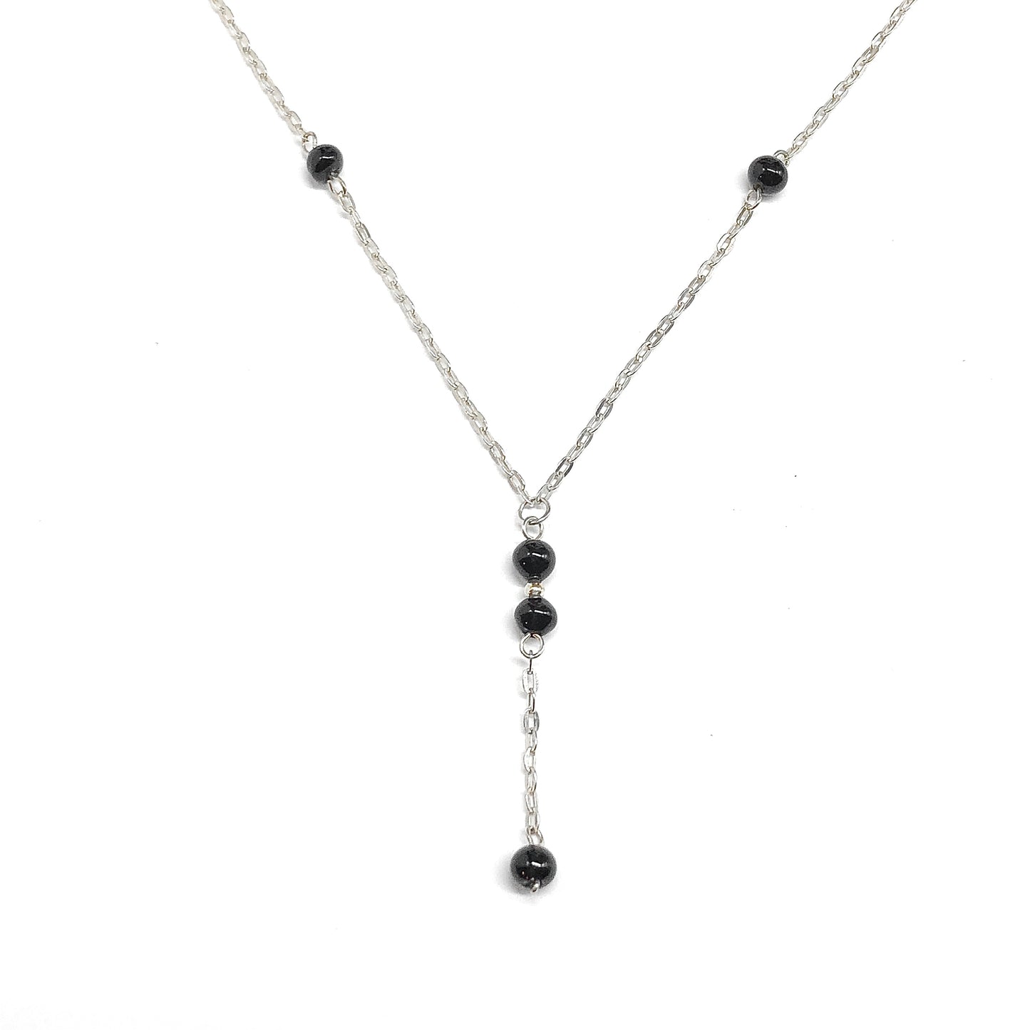 Sterling Silver Y chain Necklace, 18.25" - Foxy Jet Black Bead Station Necklace