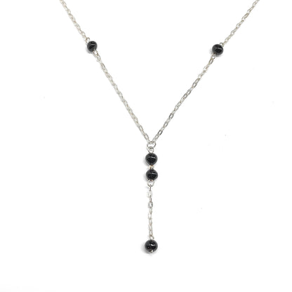 Sterling Silver Y chain Necklace, 18.25" - Foxy Jet Black Bead Station Necklace