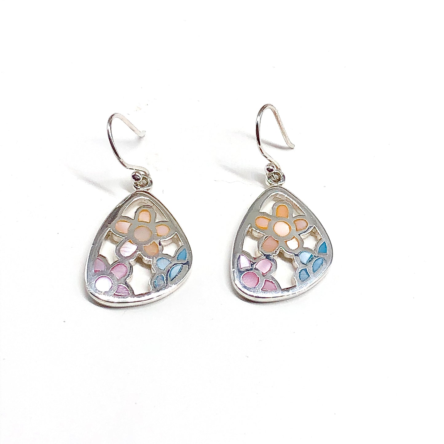 Sterling Silver Earrings, Womens Pastel Pink Blue Peach Flower Earring Design, 925 Silver Earrings
