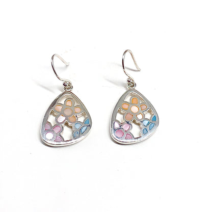 Sterling Silver Earrings, Womens Pastel Pink Blue Peach Flower Earring Design, 925 Silver Earrings
