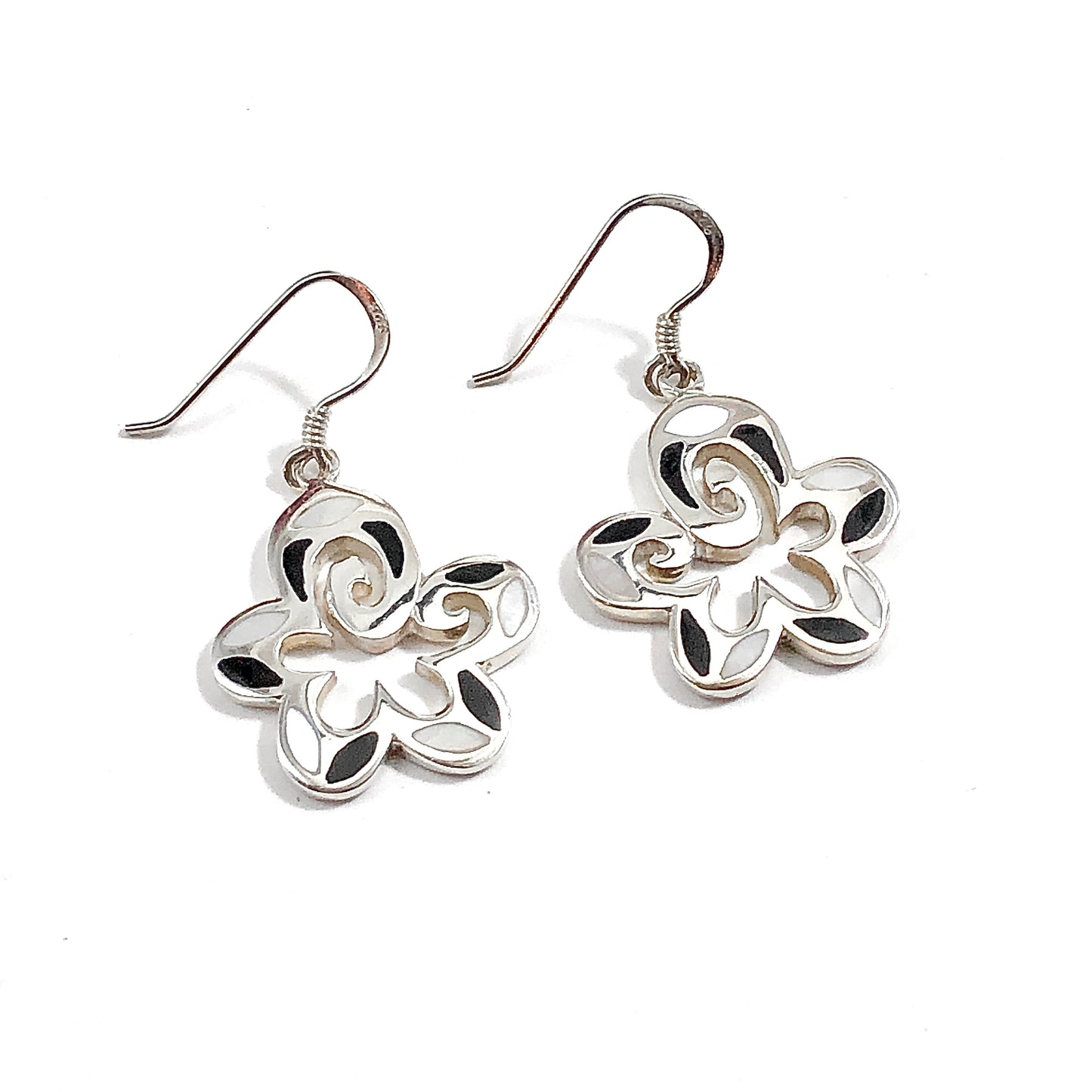 Dangling Black White Flower Sterling Silver Earrings