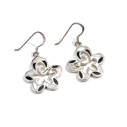 Dangling Black White Flower Sterling Silver Earrings
