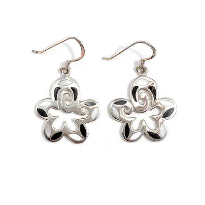 Dangling Black White Flower Sterling Silver Earrings