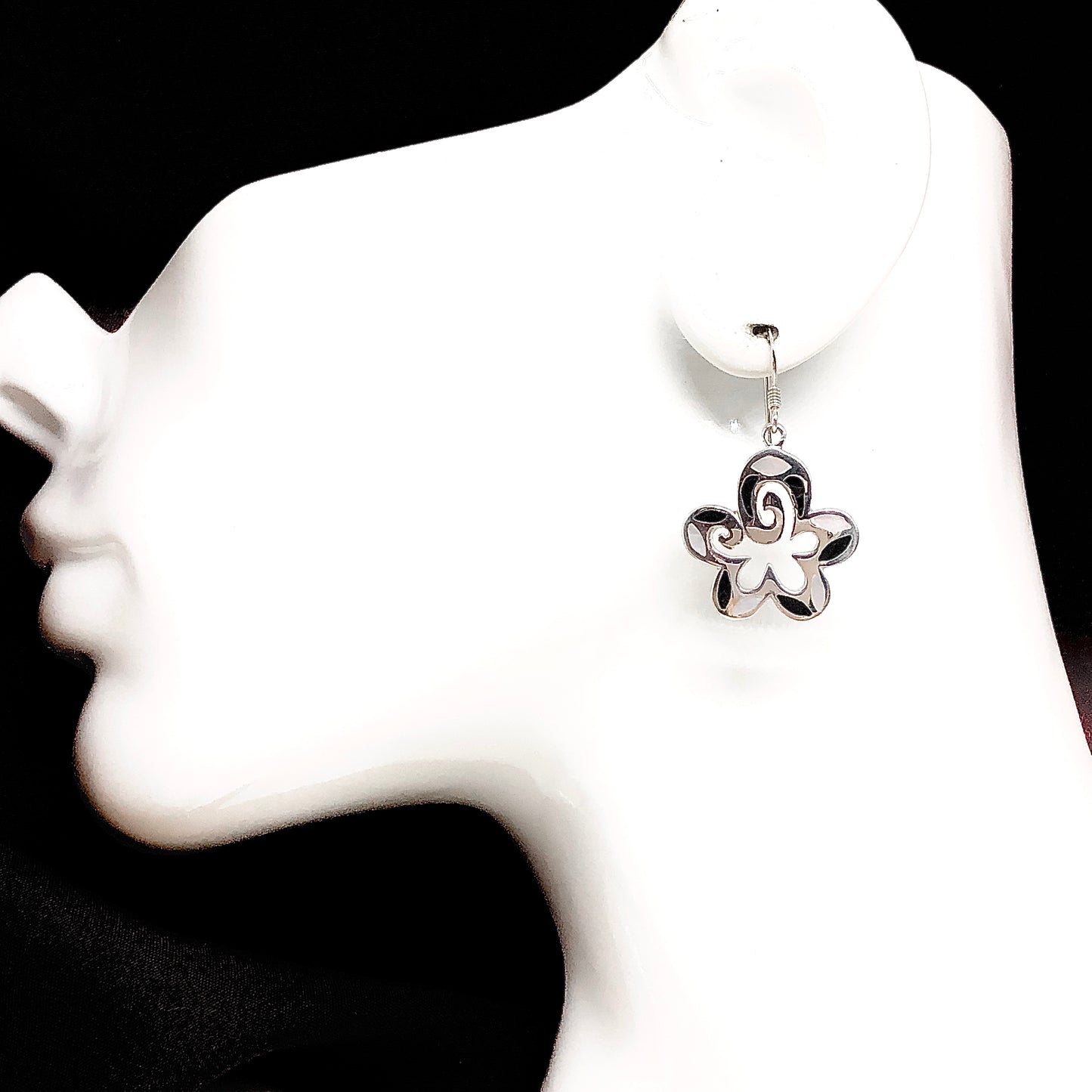 Dangling Black White Flower Sterling Silver Earrings