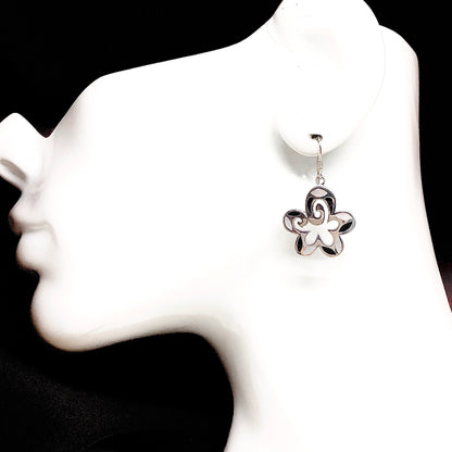 Dangling Black White Flower Sterling Silver Earrings