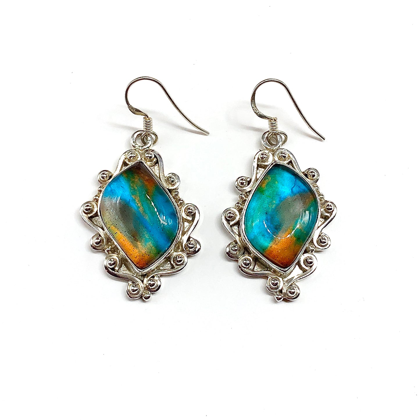 Pair of Sterling Silver Dangle earrings with colorful stone and silver scroll frame