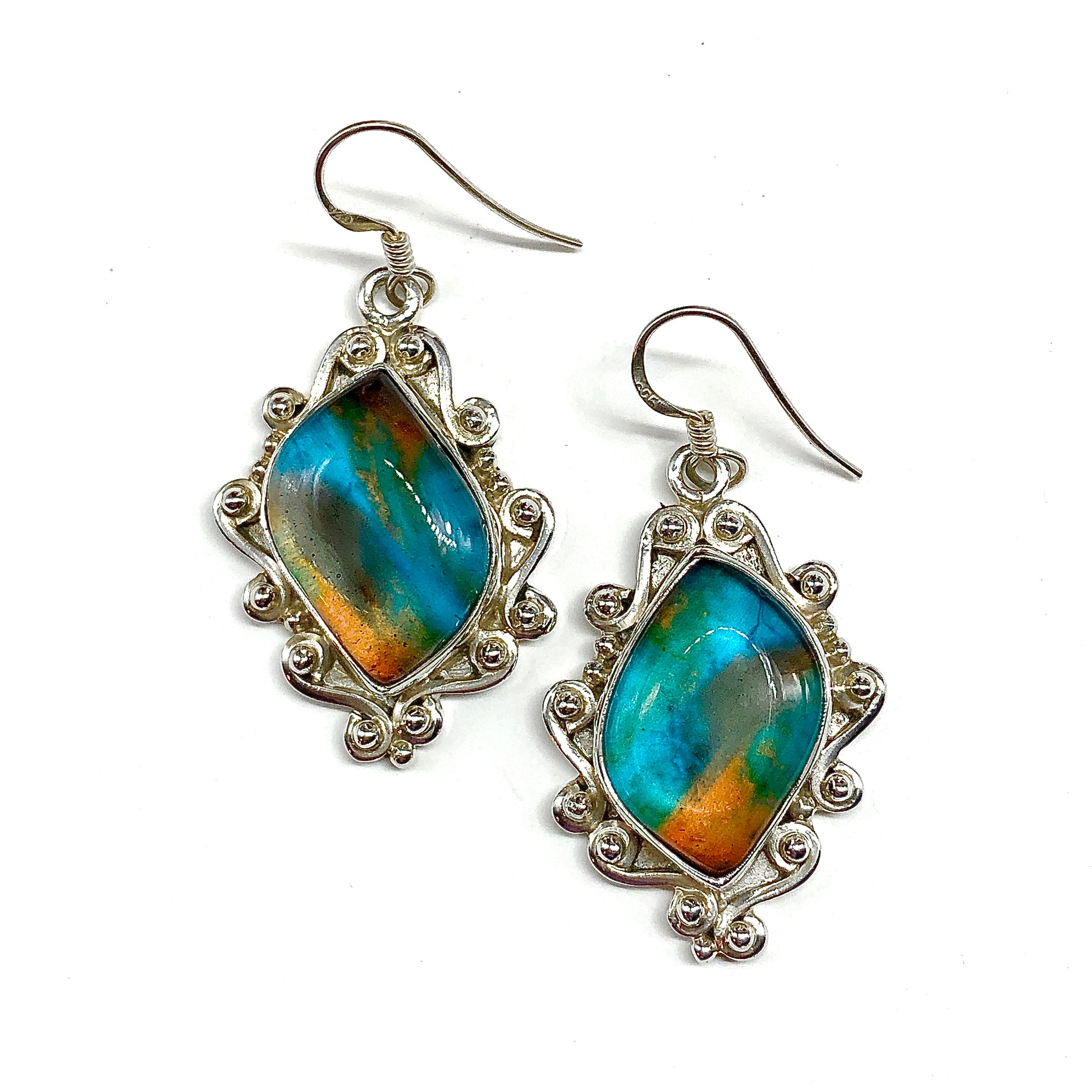 Photo Pair of earrings with blue and orange stone in silver setting for sale at Blingschlingers Jewelry online