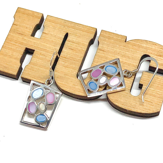 Womens Sterling Silver Dangle Earrings | Modern Style, Cute Baby Blue Pink 925 Silver Geometric Design Earrings